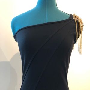 black stretch mini w gold chain & spike shoulder